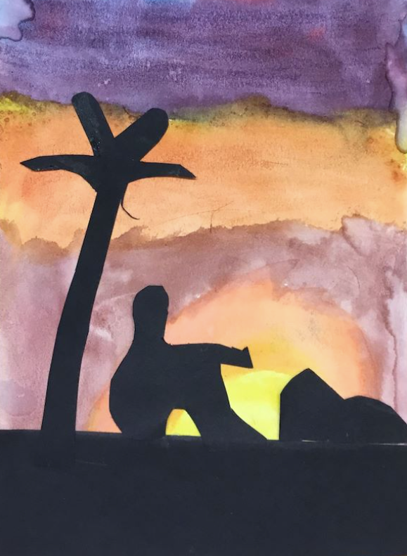 This is the image of a landscape with a painted background and black paper cut to create the foreground. Students explored mixing primary colors to create a unique night sky. The foreground in this artwork is a figure sitting under a tree watching the sunset.